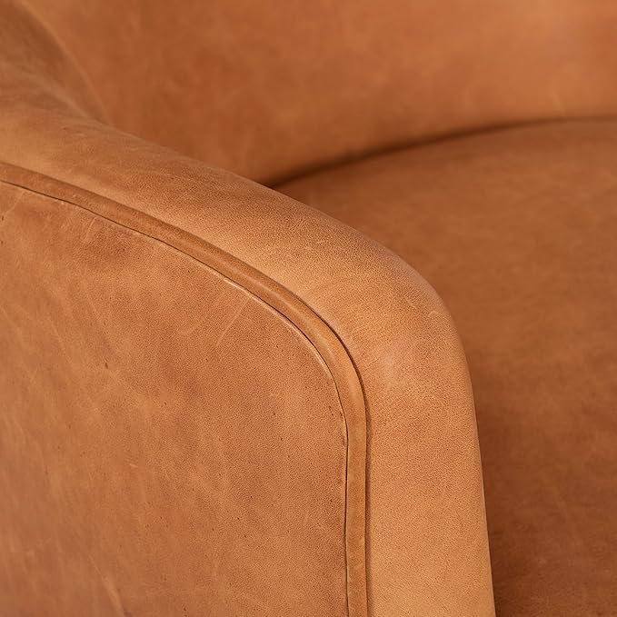 Poly & BARK Aida Leather Lounge Chair Set of 2 – 40.5” Mid-Century Accent Chairs for Living Room or Bedroom – Full-Grain Italian Leather, Feather-Down Comfort, Solid Wood Legs – Cognac Tan
