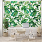 Ambesonne Leaf Tapestry King Size, Romantic Holiday Island Hawaiian Banana Trees Watercolored Image, Wall Hanging Bedspread Bed Cover Wall Decor, 104" X 88", Forest Green