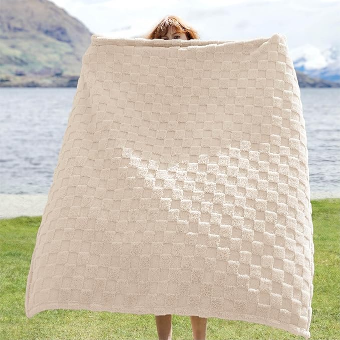 Bedsure GentleSoft Cream Throw Blanket for Couch - Checkered Fleece Blankets Gifts for Women Men Girls, Cute Soft Cozy Throw for Bedroom Home Decor Gifts, 50x60 Inches