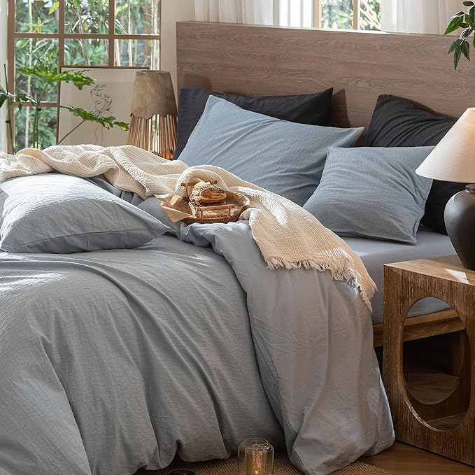 MooMee Wavy Striped Duvet Cover Set 100% Washed Cotton Linen Like Textured Breathable Durable Soft Comfy (Cornflower Blue, Full 80"x90")