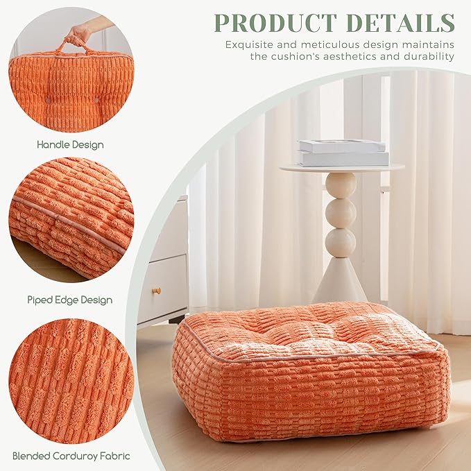 8" Washable Floor Pillow Cushion for Adults, Meditation Cushion Pillow, Removable Tufted Blended Corduroy Cover, Large Square Floor Sitting for Tatami Living Room or Yoga, 22x22 Inch, Machine Washable