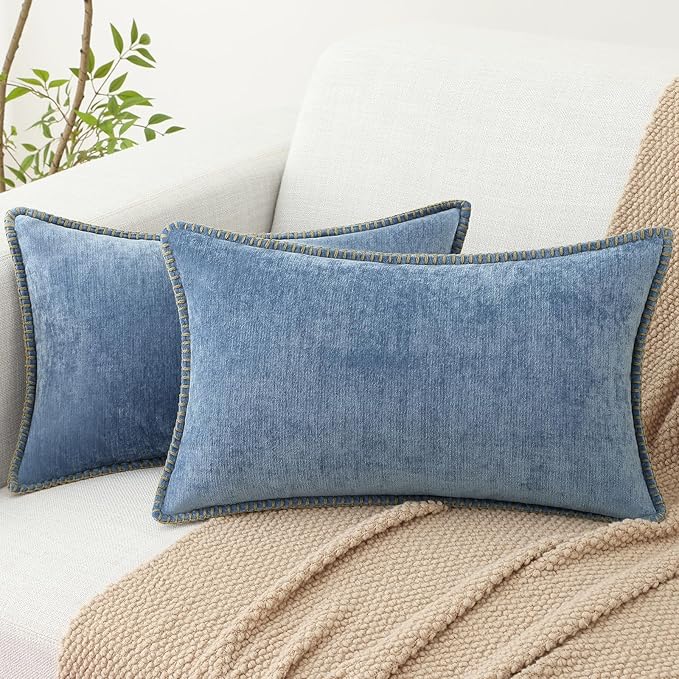 decorUhome Spring Chenille Soft Cozy Throw Pillow Covers 12x20 Set of 2, Modern Farmhouse Boho Velvet Decorative Pillow Cases with Stitched Edge for Couch Sofa Bed Home Decor, Blue