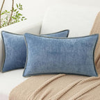 decorUhome Spring Chenille Soft Cozy Throw Pillow Covers 12x20 Set of 2, Modern Farmhouse Boho Velvet Decorative Pillow Cases with Stitched Edge for Couch Sofa Bed Home Decor, Blue
