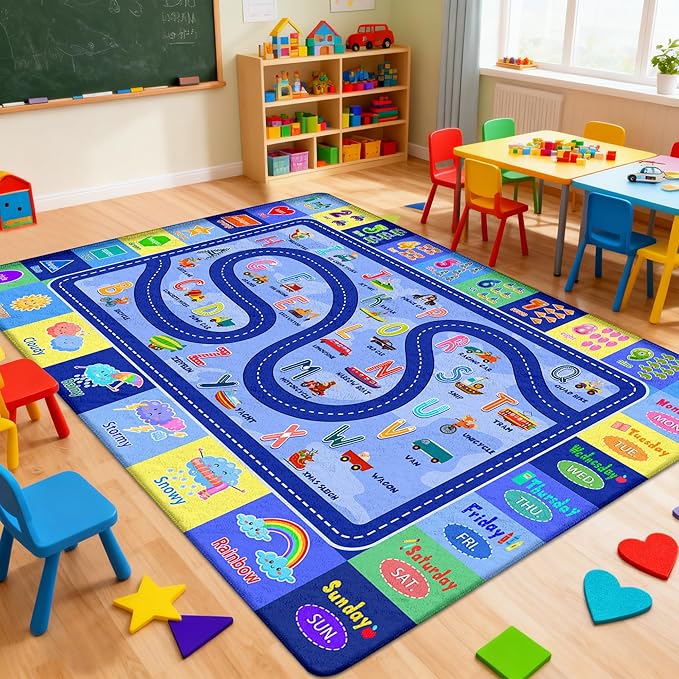 Kids Rug for Playroom, Educational Classroom Rug for Kids Room, Washable Nursery Rugs, Soft Non-Slip Play Mat for Learning ABC Carpet, Vehicles, Numbers, Animals, Colors, Shape, Season 4x6 Feet