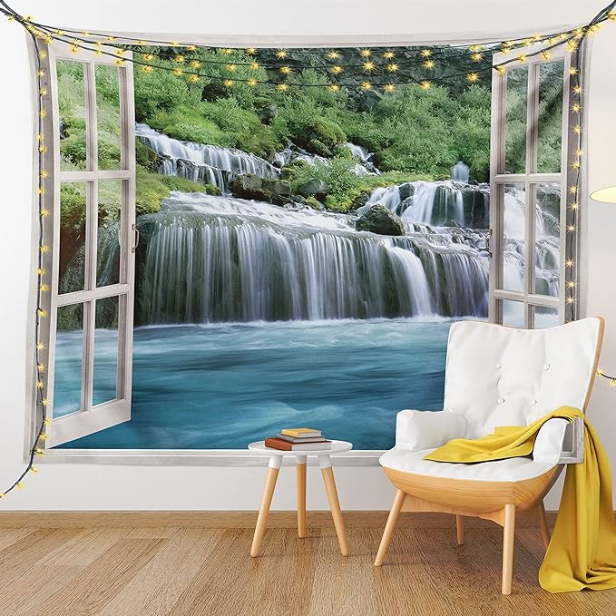 Ambesonne Waterfall Tapestry King Size, Majestic Waterfall Landscape Through a Window Imaginary Secret Paradise Print, Wall Hanging Bedspread Bed Cover Wall Decor, King Size, Blue Green
