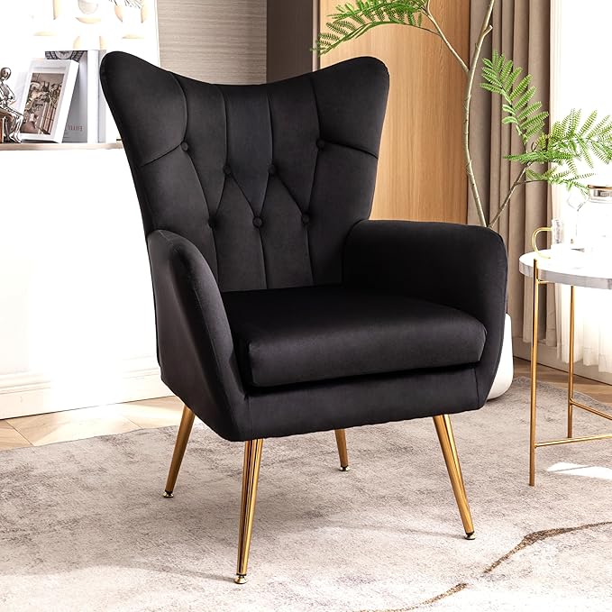 Modern Chic Mid-Century Velvet Accent Armchair for Living Room, Bedroom, or Home Office, Button-Tufted Wingback Design with Gold Flared Legs, Black