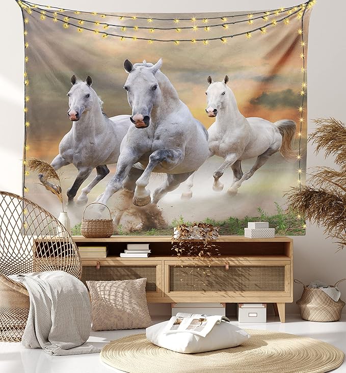 Ambesonne Horses Tapestry King Size, Stallion Horses Running on a Sky Background Male Champions Print, Wall Hanging Bedspread Bed Cover Wall Decor, King Size, White Orange