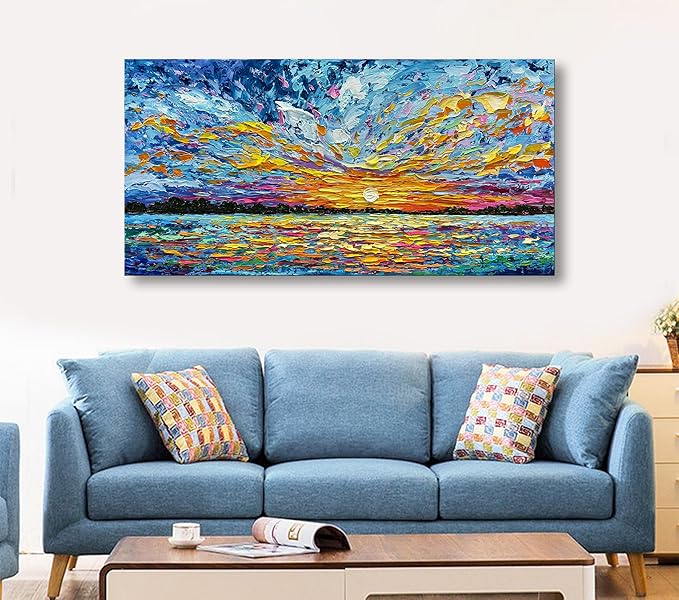 Limiyer Art Hand-painted Sea Sunrise landscape Modern Abstract Oil painting Large Canvas Art Hall Bedroom Office Wall Decoration 24x48 Inch