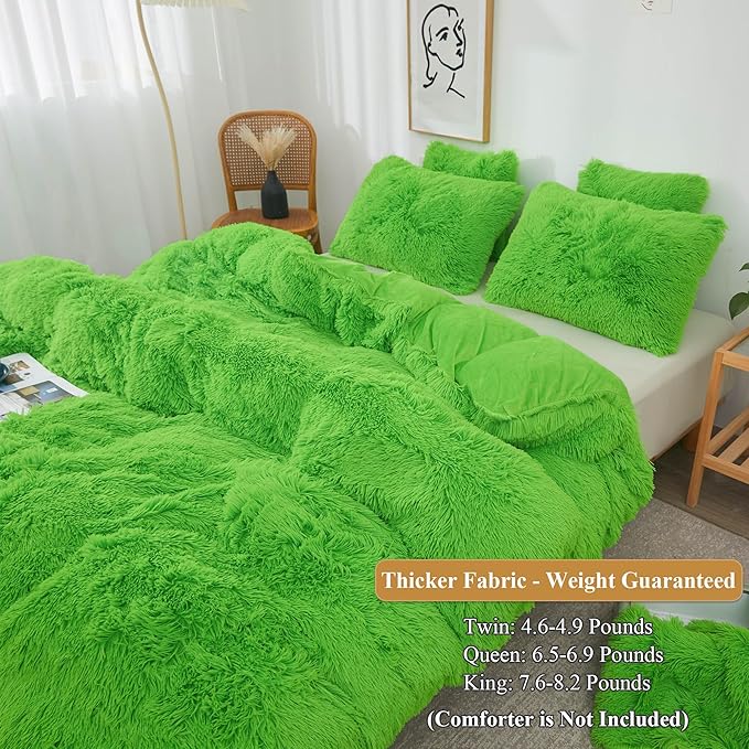 XeGe Plush Shaggy Duvet Cover Set, Luxury Ultra Soft Fluffy Faux Fur Bedding Sets 3 Pieces Velvet(1 Fuzzy Furry Comforter Cover + 2 Faux Fur Pillow Cases), Zipper Closure (Queen, Lime Green)