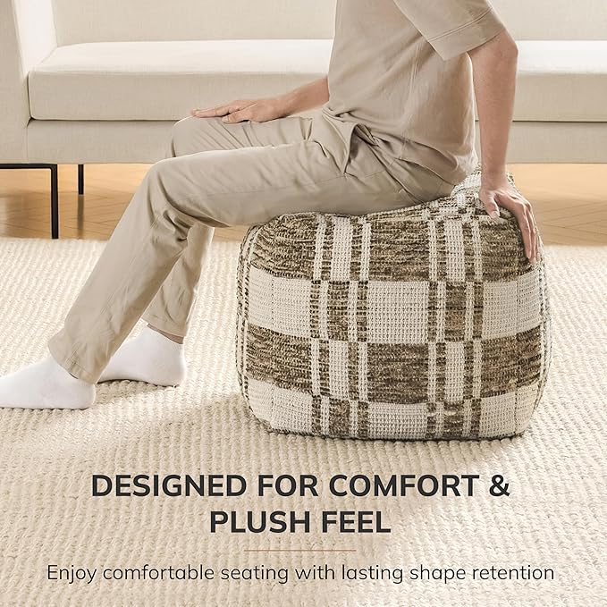 Anji Mountain Artisan Crafted Cotton Blend Pouf Ottoman | Versatile Floor Seating & Footstool for Living Room | Modern Boho Home Décor Accent | Filled Pouffe