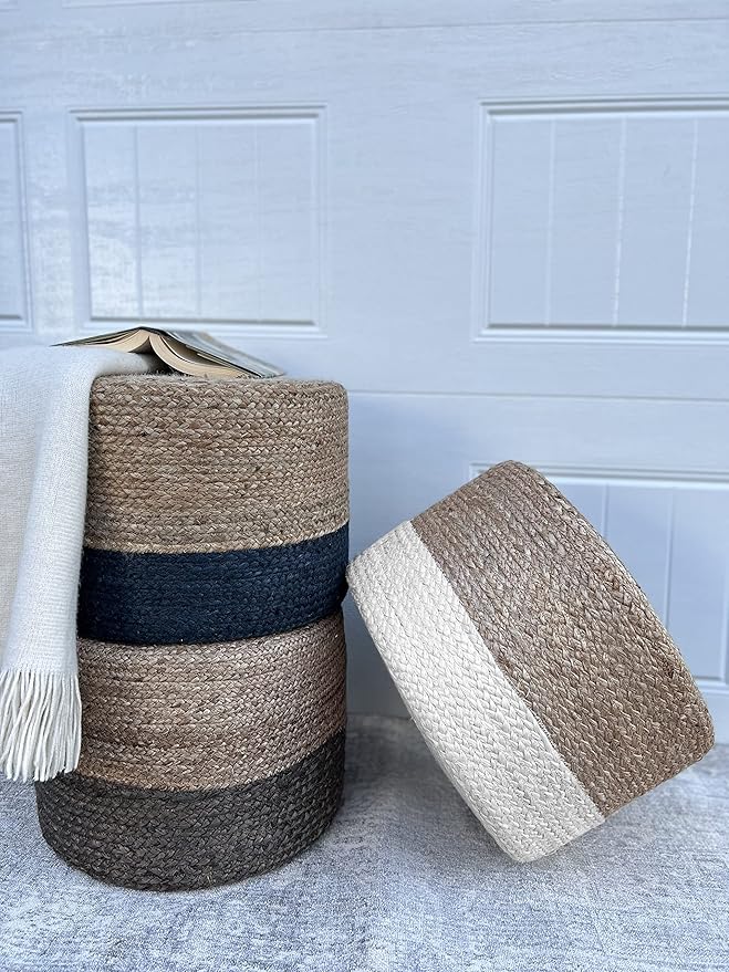 Scandilivin Homes Pouf Ottoman - 100% Natural Jute Braided- Footrest Pouf Hand Knitted - Traditional Cord Boho Pouffe - for The Living Room, Bedroom, Nursery, Patio, Lounge (18”x18”x12”)