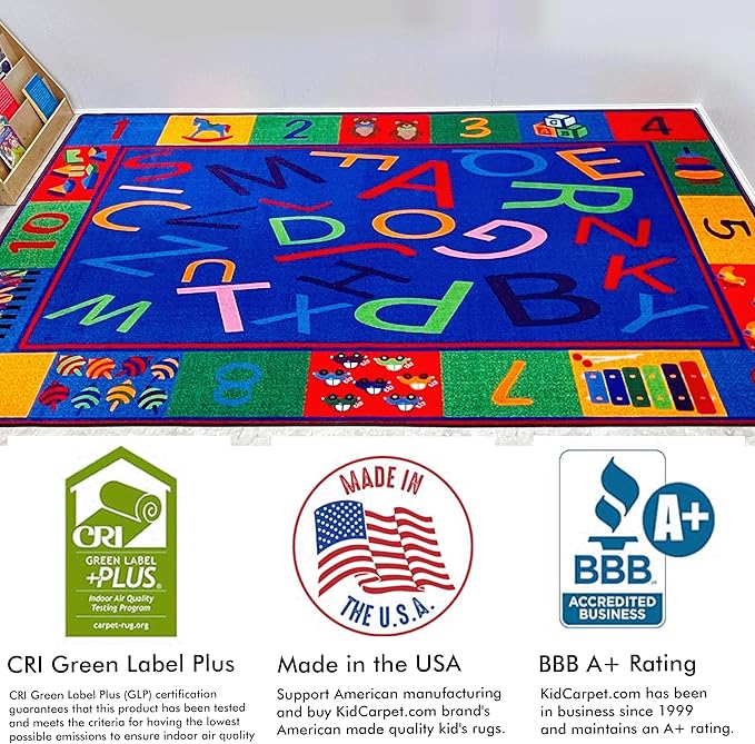 KIDCARPET.COM Alphabet and Numbers Rectangle Classroom Rug | Bordered Area Rug for Preschool Daycare Learning, 6' x 8'6"