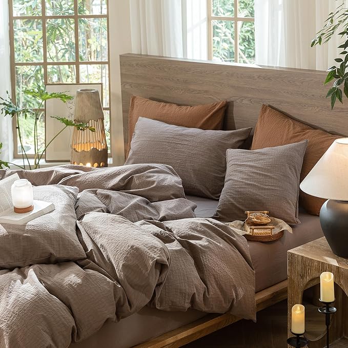 MooMee Wavy Striped Duvet Cover Set 100% Washed Cotton Linen Like Textured Breathable Durable Soft Comfy (Brown, Full 80"x90")