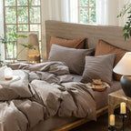 MooMee Wavy Striped Duvet Cover Set 100% Washed Cotton Linen Like Textured Breathable Durable Soft Comfy (Brown, Super King 108"x98")