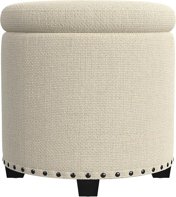 HomePop Home Decor | Upholstered Round Storage Ottoman with Nailheads| Ottoman with Storage for Living Room & Bedroom, Cream Woven