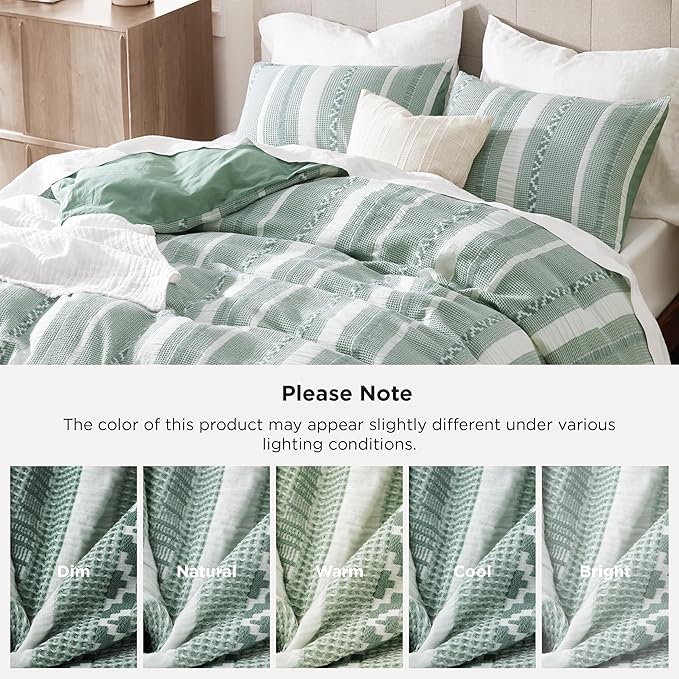 Bedsure Waffle Weave Duvet Cover Queen - 100% Cotton Boho Duvet Cover with 2 Pillowcases - Green Textured Comforter Cover with Zipper Closure (Queen, 90"x90")