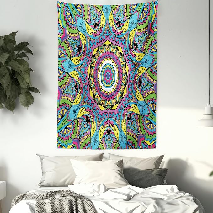 Ambesonne Psychedelic Tapestry, Abstract Unusual with Color and Form Details Hippie Retro, Wall Hanging for Bedroom Living Room Dorm Decor, 60" X 80", Soft Blue