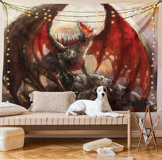 Ambesonne Fantasy World Tapestry, Majestic Dragon Resting on Mountain Mythological Fire-Spewing Creature Print, Fabric Wall Hanging Decor for Bedroom Living Room Dorm, 45" X 30", Brown Red