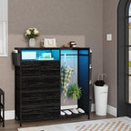 Dresser for Bedroom with Clothes Rack Side Pockets 5 Drawer Dresser with Charging Station LED Lights Black Storage Chest of Drawers for Nursery Hallway Closet Sturdy Steel Frame Wood Top