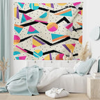 Ambesonne Indie Tapestry, Eighties Memphis Fashion Style Geometric Abstract Colorful Design Dots Funky, Wide Wall Hanging for Bedroom Living Room Dorm, 80" X 60", Cream Pink