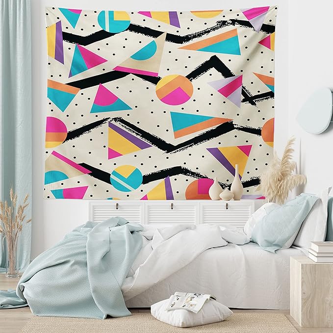 Ambesonne Indie Tapestry King Size, Eighties Memphis Fashion Style Geometric Abstract Colorful Design Dots Funky, Wall Hanging Bedspread Bed Cover Wall Decor, 104" X 88", Cream Pink