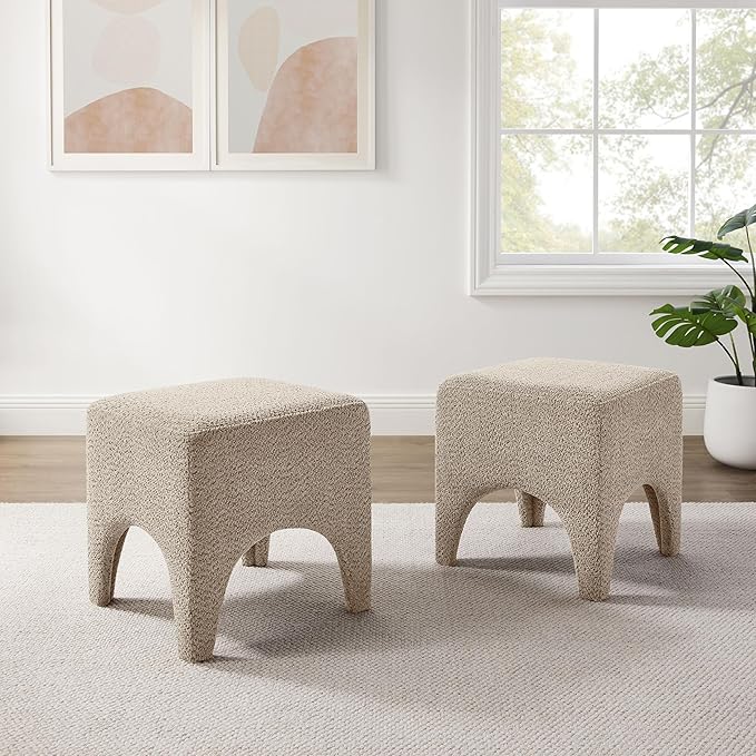 17" Boucle Modern Square Foot Stool Ottoman, Vanity Stool for Makeup, Rectangle Foot Rest for Couch, Upholstered Ottoman Stool for Living Room, Bedroom, Entryway (2, Camel)