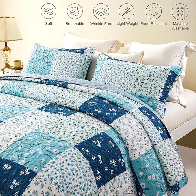 Whale Flotilla Patchwork Quilt King Size, Extra Soft Boho Floral Bedspreads for Bed Reversible Lightweight King Quilt Bedding Set Printed Coverlets with 2 Pillow Shams for All Seasons, Blue