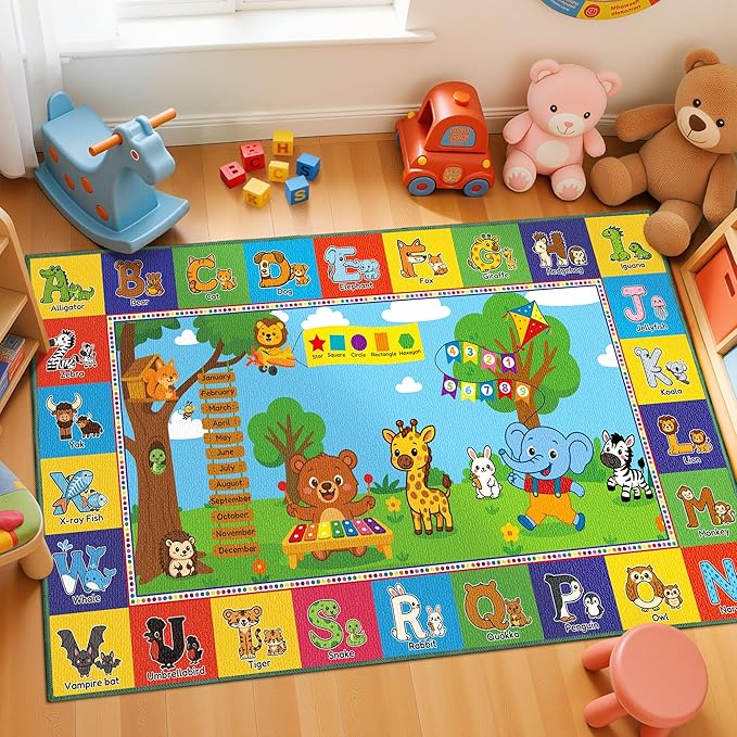 Upgrade Ultra Non Slip Kids ABC Rug for Kids Playroom – 3x5 Washable Alphabet Educational Learning Play Mat for Toddlers Baby, Colorful Carpet with Animals for Nursery, Classroom & Bedroom, 36"x60"