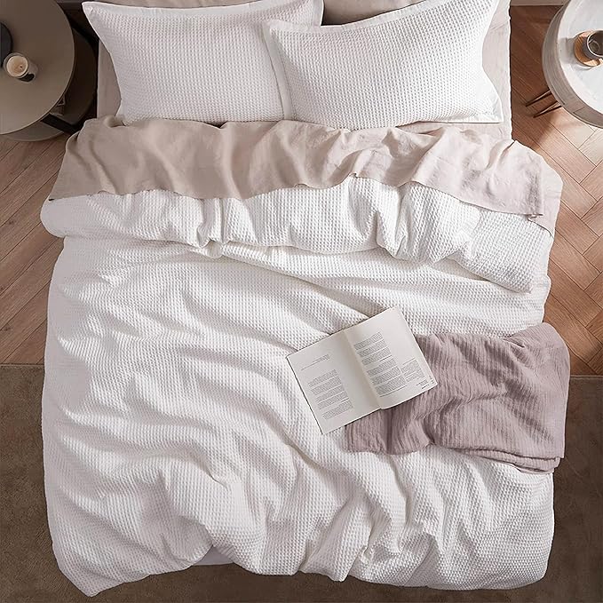 Bedsure Cotton Duvet Cover Queen - 100% Cotton Waffle Weave Milk White Duvet Cover Queen Size, GentleSoft™ and Breathable Bedding Set for All Season, 3 Pieces, 90"x90"