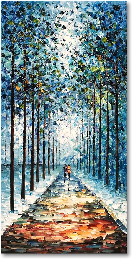 Art Hand-Painted Landscape Oil Painting Contemporary Abstract Vertical Blue Texture Oil Painting Living Room Bedroom Wall Decoration 48x24 inche
