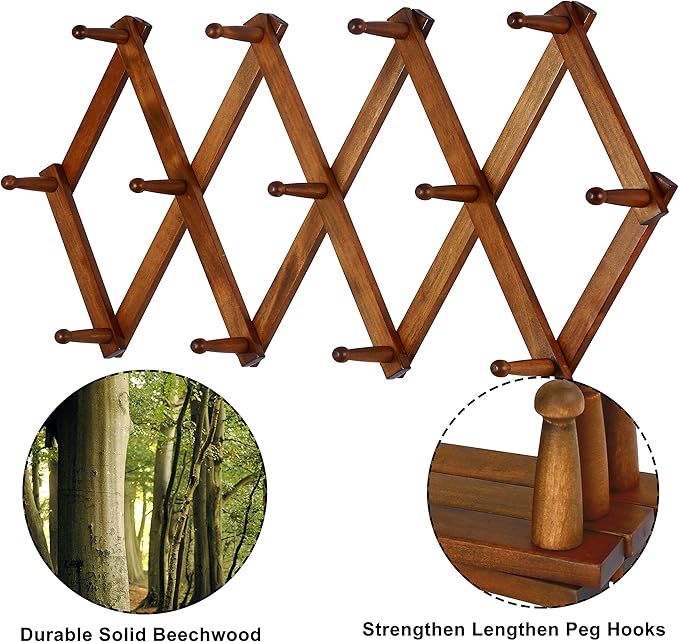 Dseap Accordian Wall Hanger: 16” High Wooden Wall Expandable Coat Rack, Hat Rack Holder, Accordion Hook for Baseball Caps, Coats, Mugs, 13 Peg Hooks, Brown