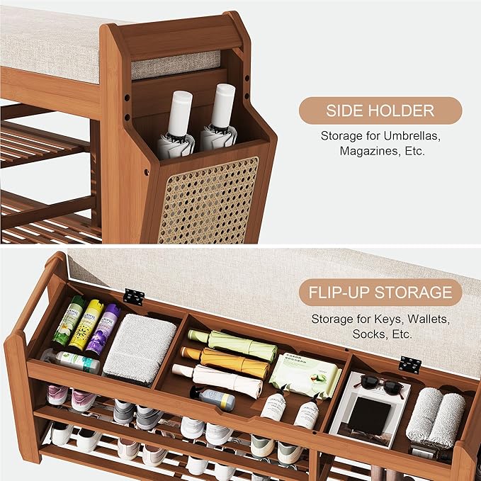 39.4" Bamboo Shoe Rack Bench, 3-Tier Entryway Bench with Thick Cushion, Flip-Top & Side Storage, Holds Up to 550 LBS for Hallway, Living Room, Bedroom