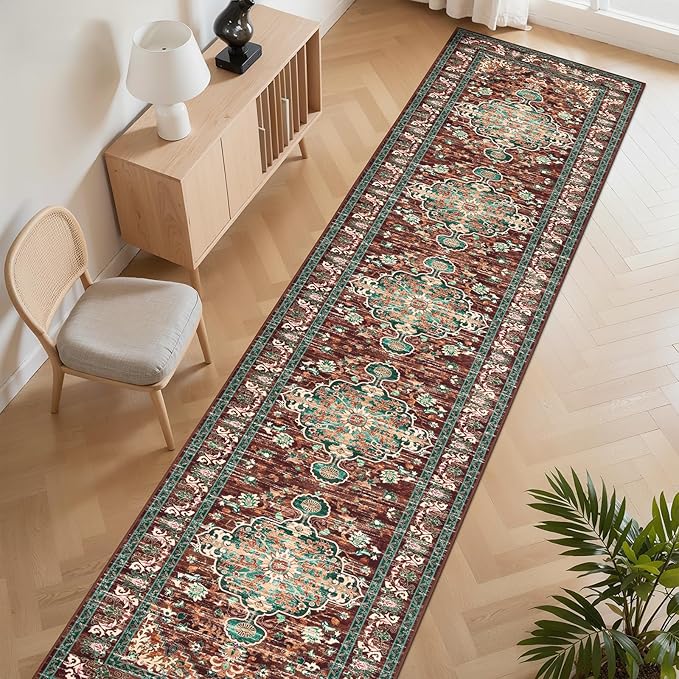 U'Artlines 3' x 14' Boho Hallway Runner Rug, Rust Non Slip Washable Vintage Farmhouse Accent Rug Carpet for Kitchen Entryway Laundry and Living Room (Rust＆Teal)