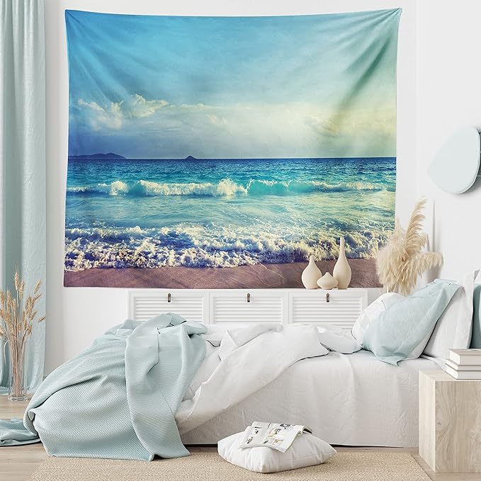 Ambesonne Tropical Island Tapestry King Size, Ocean Waves on Seychelles Beach at the Sunset Time Skyline, Wall Hanging Bedspread Bed Cover Wall Decor, 104" X 88", Turquoise Sky Blue Umber