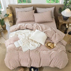 MooMee Gingham Duvet Cover Set 100% Washed Cotton Linen Like Textured Breathable Durable Soft Comfy Modern Checkered Design (Dark Orange Gingham, Twin 68"x90")