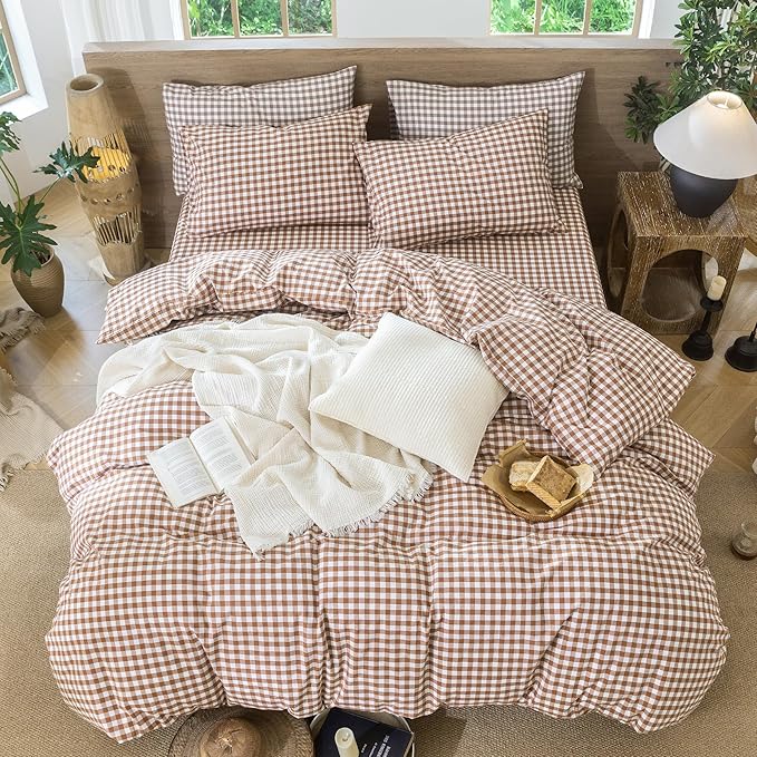 MooMee Gingham Duvet Cover Set 100% Washed Cotton Linen Like Textured Breathable Durable Soft Comfy Modern Checkered Design (Dark Orange Gingham, Super King 108"x98")