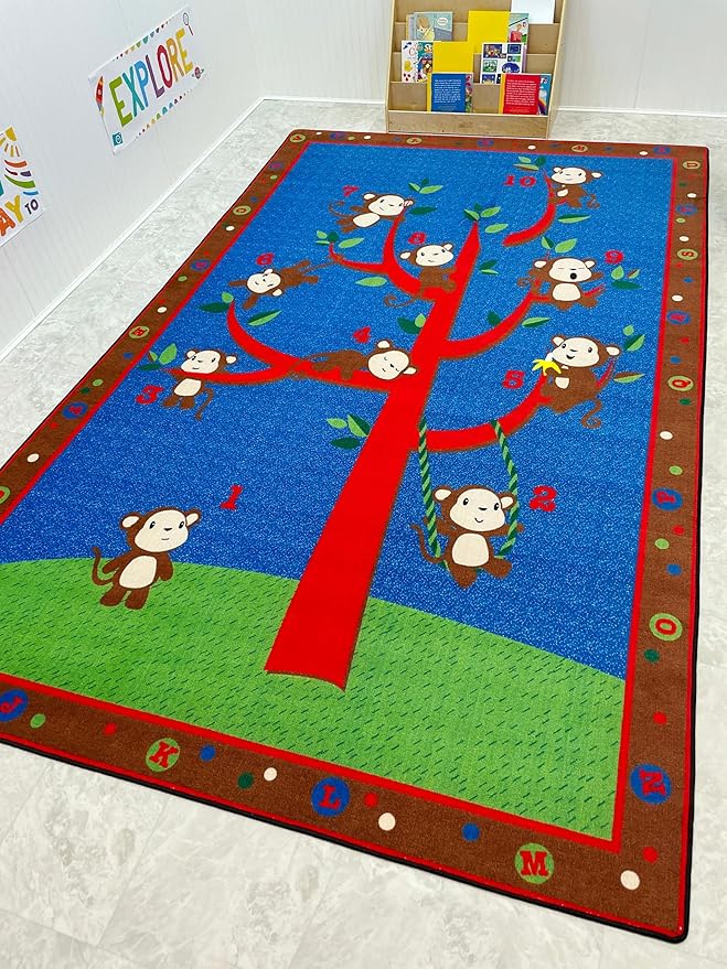 KIDCARPET.COM Ten Little Monkeys Rectangle Classroom Rug | Bordered Area Rug for Preschool Daycare Learning, 6' x 8'6"