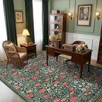 GarveeHome Green Vintage Floral Washable Rugs 8x10 for Living Room Boho Botanical Retro Rug Low Pile Stain Resistance Non Slip Carpet for Bedroom Nursery Dining Room
