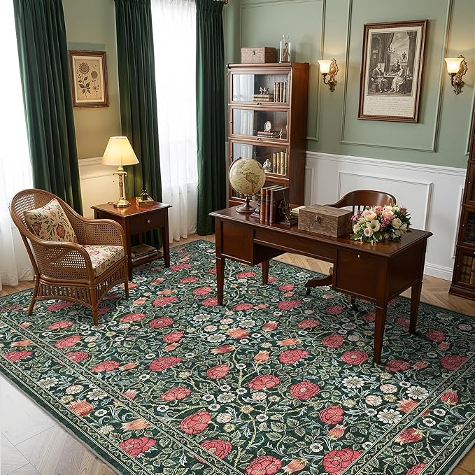 GarveeHome Green Vintage Floral Washable Rugs 8x10 for Living Room Boho Botanical Retro Rug Low Pile Stain Resistance Non Slip Carpet for Bedroom Nursery Dining Room
