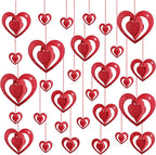 Deloky 32 Pcs Valentine's Hearts Hanging Foil Decoration- Wine Red 3D Glitter Heart Garland Ornament- Swirl Heart Ceiling Ornaments for Valentines, Wedding, Engagement, Anniversary Party Decor