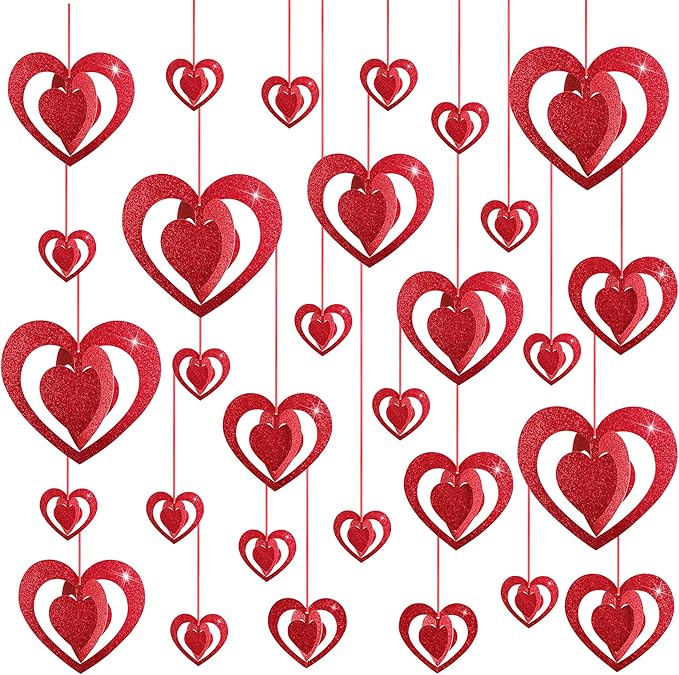 Deloky 32 Pcs Valentine's Hearts Hanging Foil Decoration- Wine Red 3D Glitter Heart Garland Ornament- Swirl Heart Ceiling Ornaments for Valentines, Wedding, Engagement, Anniversary Party Decor