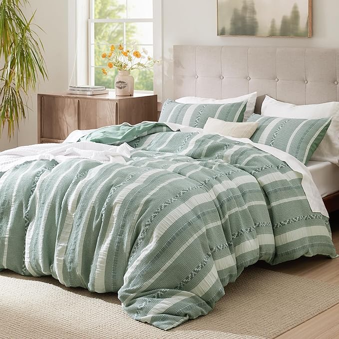 Bedsure Waffle Weave Duvet Cover Queen - 100% Cotton Boho Duvet Cover with 2 Pillowcases - Green Textured Comforter Cover with Zipper Closure (Queen, 90"x90")