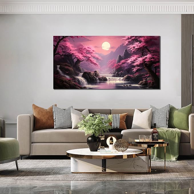 Landscape Wall Art for Living Room Bedroom Office Pink Wall Art Moon Lake Mountain Pictures Modern Artwork Framed Wall Decor Canvas Prints 29x59 In