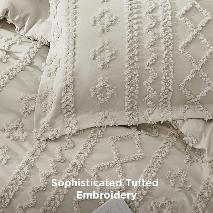 Bedsure Tufted Boho Comforter Set Oversized King - Linen Boho Bed Set, GentleSoft™ 3 Pieces Farmhouse Shabby Chic Embroidery Bedding, Gifts for Woman, Soft Jacquard Comforter for All Seasons