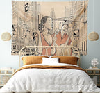 Ambesonne Jazz Music Tapestry King Size, Singer Double-Bass Player in a Street of New York Urban Lifestyle Image, Wall Hanging Bedspread Bed Cover Wall Decor, 104" X 88", Brown Beige