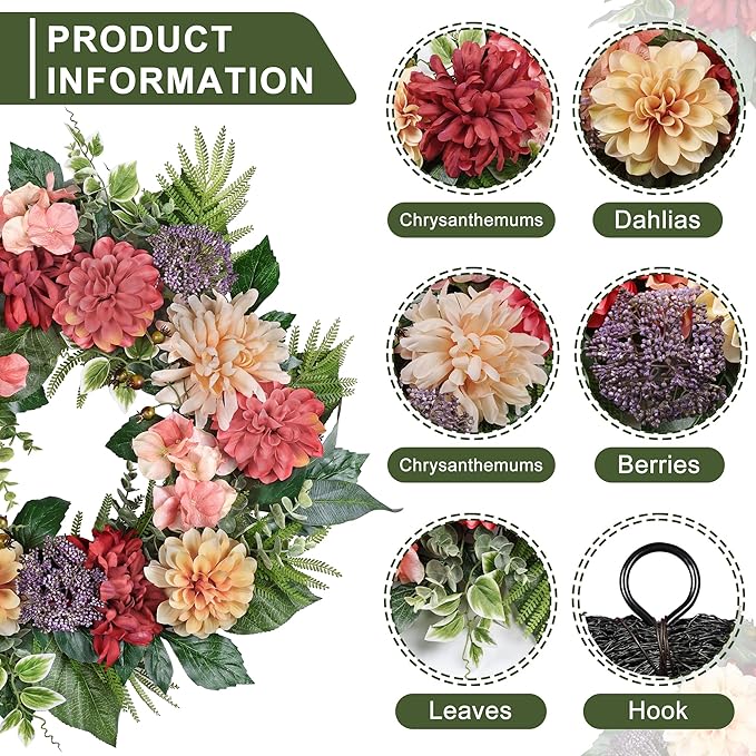 24-Inch Spring Wreath for Front Door with Hydrangeas Dahlias Daisy Silk Flowers and Berry Greenery for All Seasons Indoor Outdoor Wedding Farmhouse Porch Wall Living Room Home Wedding Decor