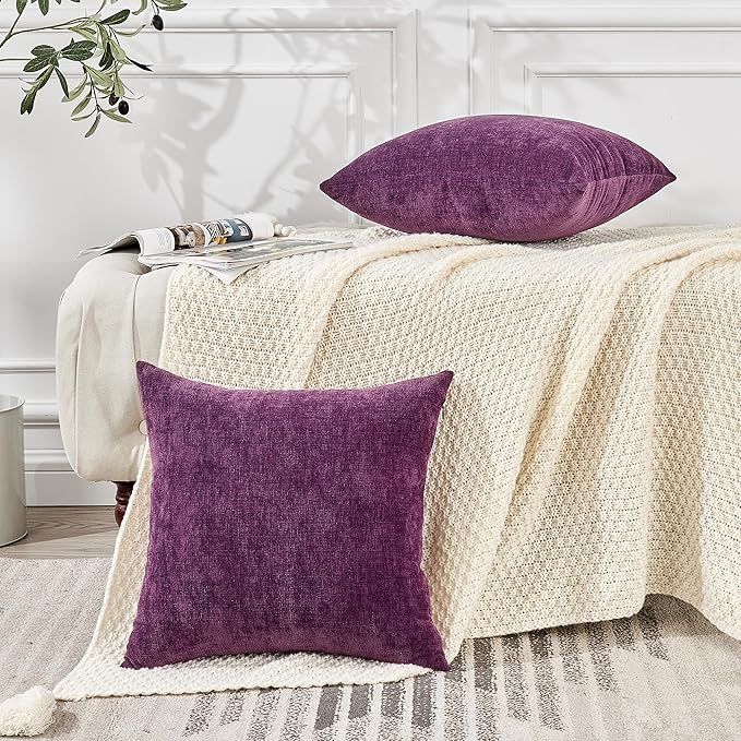 GAWAMAY Decorative Square Throw Pillow Covers 20"x20" Inch Set of 2, Super Soft Chenille Pillows Farmhouse Fall Pillowcase for Living Room Bedroom Sofa Couch Cushion Cover Purple 50x50cm (No Insert)
