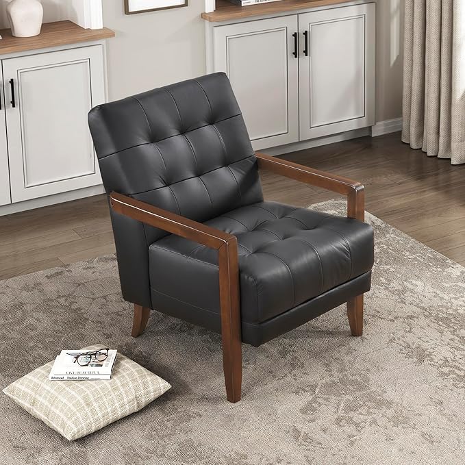 Lexicon Modern Accent Chair, Luxury Genuine Leather Match Living Room Chair with Tufted Cushions, Solid Wood Frame and Arm Rest, Comfy Upholstered Single Seat for Bedroom/Reading/Office, Black
