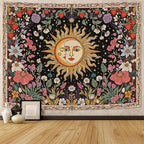 Accnicc Sun and Moon Tapestry Boho Vintage Floral Wall Tapestry for Bedroom Aesthetic Hippie Celestial Botanical Colorful Plant Large Tapestries Wall Hanging for Living Room Dorm 80 x 60 Inch