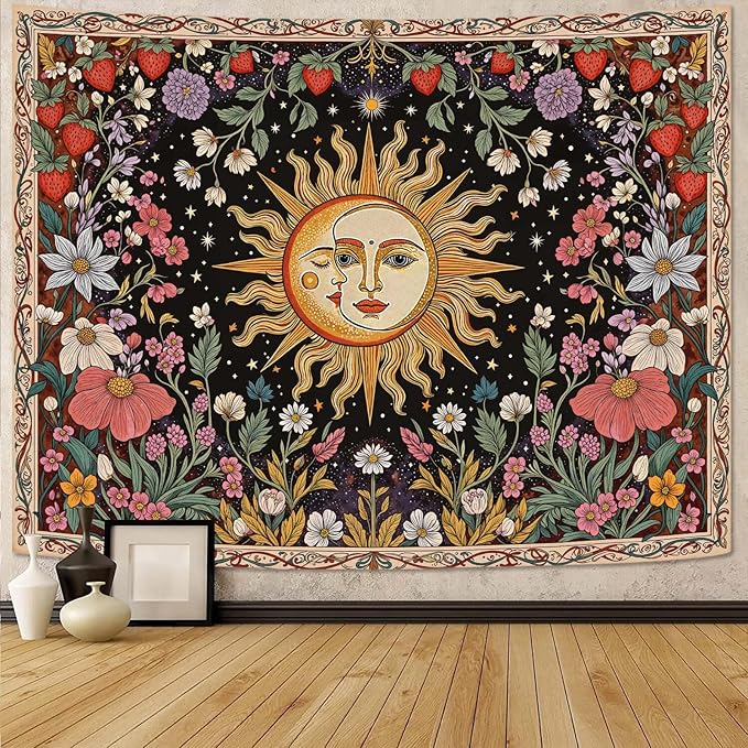 Accnicc Sun and Moon Tapestry Boho Vintage Floral Wall Tapestry for Bedroom Aesthetic Hippie Celestial Botanical Colorful Plant Small Tapestries Wall Hanging for Living Room Dorm 48 x 36 Inch